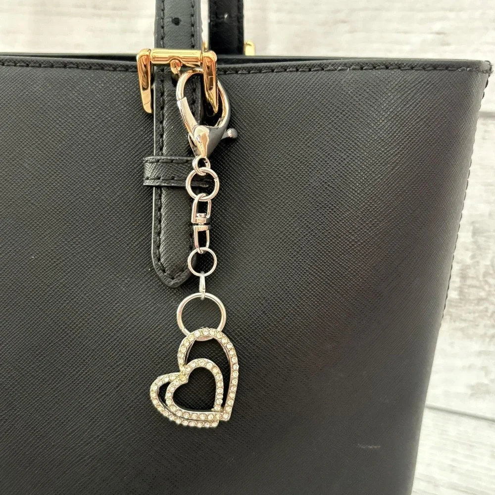 Vintage Rhinestone Double Heart Purse and‎ Bag Charm Keychain Accessory